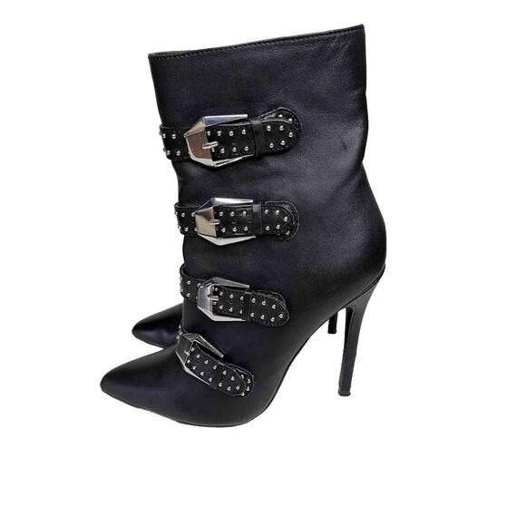 Steve Madden Daryl Heeled Bootie Black Leather Side Zip Buckle Accent Size 7.5 - Picture 1 of 14